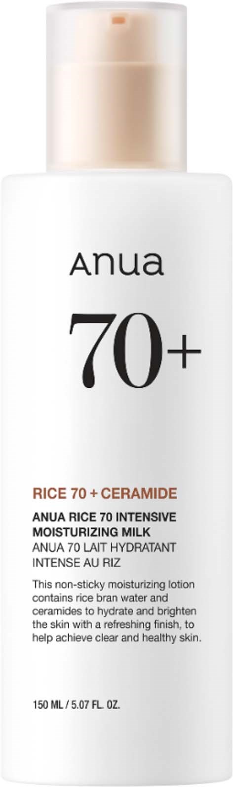Anua 70+ moisturizing milk bottle with rice, ceramide, and brightening ingredients for mature skin, 150 ml.
