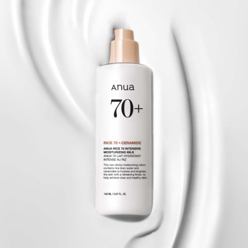 A skincare bottle labeled Anua 70+ rice ceramide moisturizing milk on a white background.