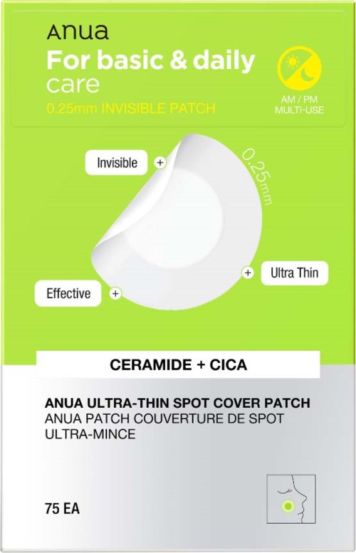 Förpackning för Anua Ultra-Thin Spot Cover Patches, grön box med produktinformation och diagram, 75 plåster inuti.