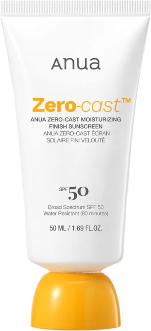 A white tube of Anua Zero-Cast Suncreen with yellow cap, SPF 50, for daily protection.