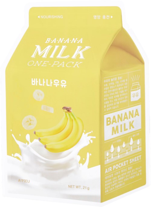 Lichtgele melkpak met bananen en melkspatting, tekst in Koreaans en Engels, en een kleine illustratie van een melkglas.