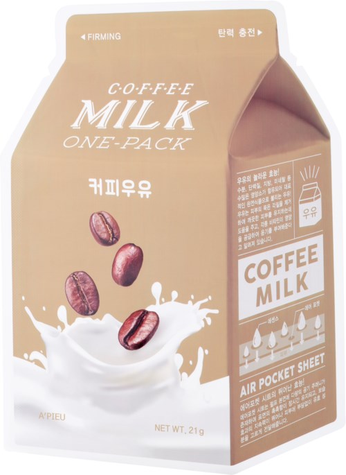 Crèmekleurige doos met koffiebonen en melkschuim, gelabeld 'Coffee Milk One-Pack', 21g, met Koreaanse en Engelse tekst.