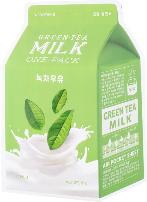 Groene thee melkverpakking met bladeren en melkschuim, gelabeld 'Green Tea Milk' en 'Air Pocket Sheet'.