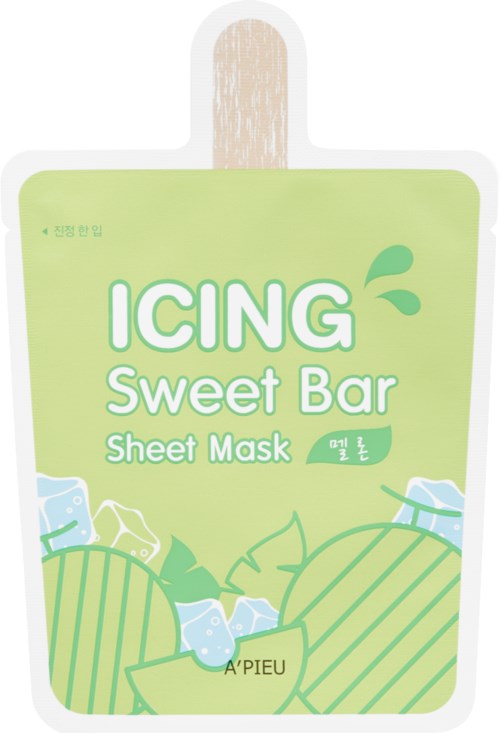 Een groen pakket voor gezichtsmasker met ijsbeelden en de tekst "ICING Sweet Bar Sheet Mask".