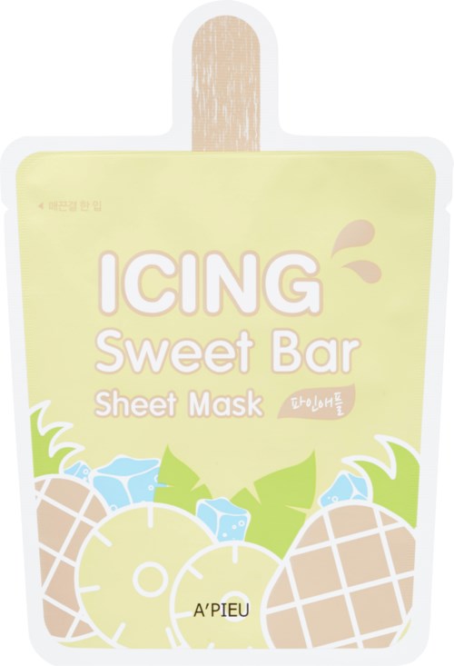 Een verpakkingsdoos voor een sheetmasker genaamd Icing Sweet Bar met ananas en ijs-elementen.