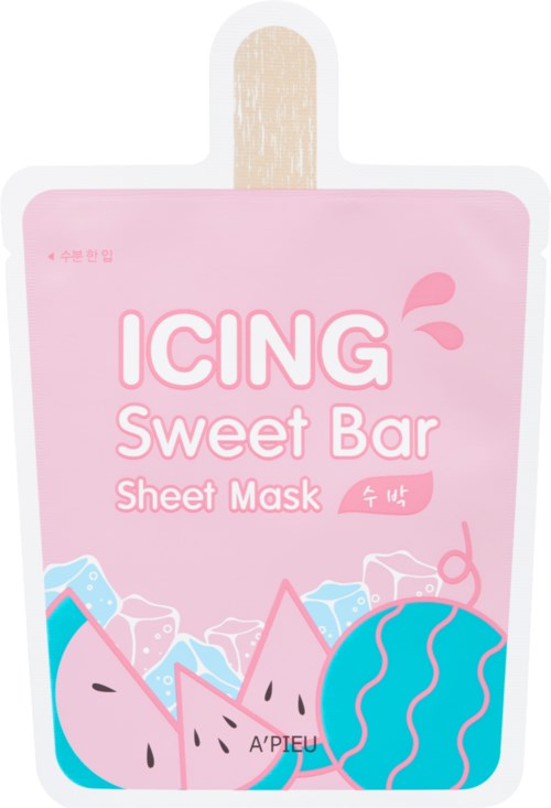 Roze verpakking met watermeloen en ijsafbeeldingen, gelabeld 'ICING Sweet Bar Sheet Mask', in zachte kleuren.