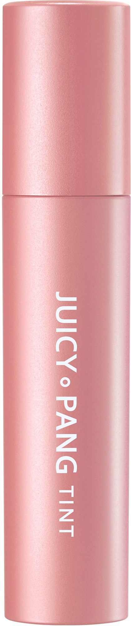 Een roze cilindervormige container met witte tekst die "JUICY PANG TINT" zegt. Hij heeft een glanzend, glad oppervlak.