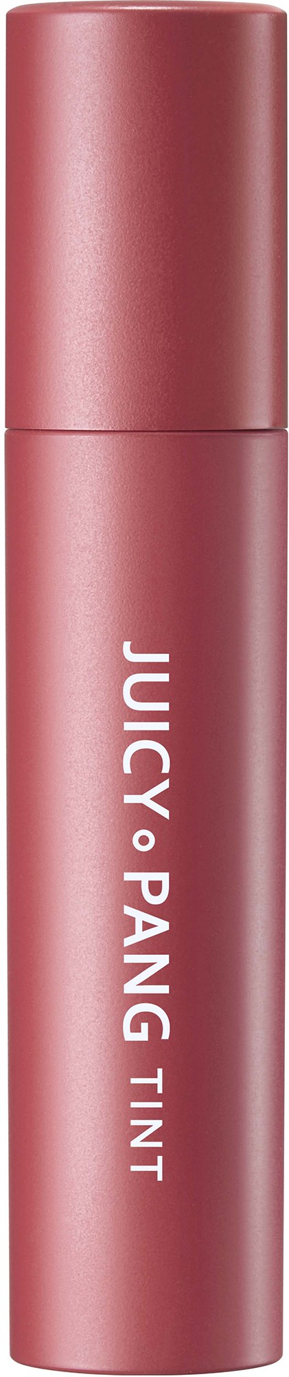 Roze lipglossverstuiver met witte tekst "JUICY PANG TINT" op een zwarte achtergrond.