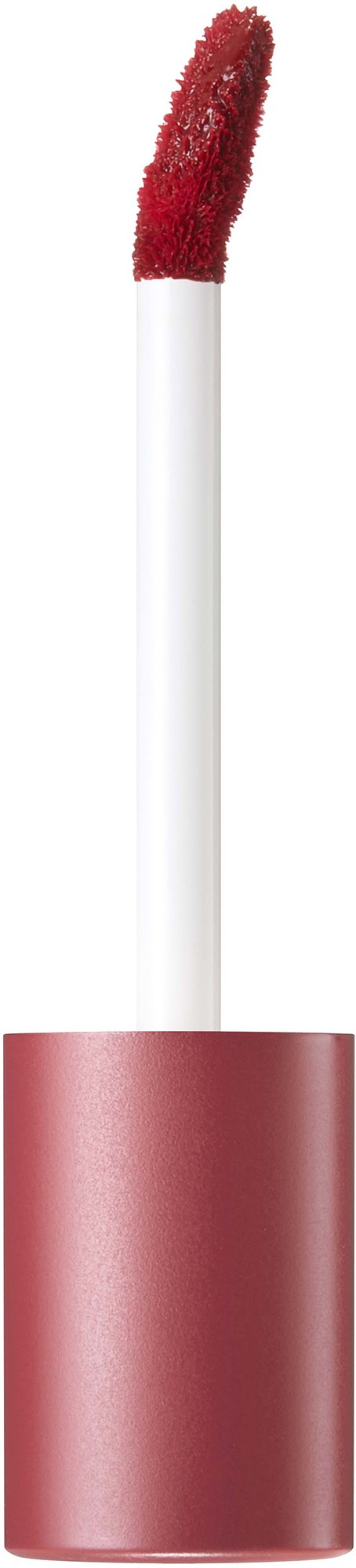 Rood lippenstiftapplicator met witte handgreep en roze-rood vloeibare lippenstift.