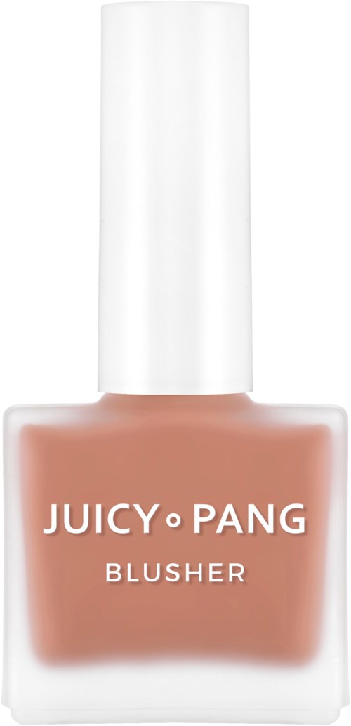 Nagellak fles met label Juicy Pang Blusher, zacht roze kleur, witte dop, eenvoudig ontwerp.