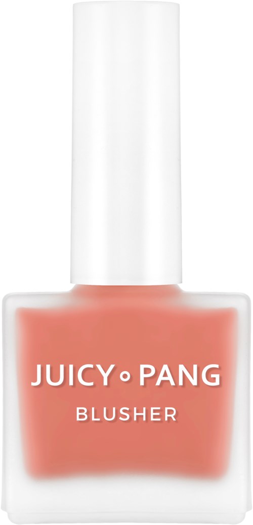 Een klein flesje roze blush met witte dop en duidelijke label met de tekst Juicy Pang Blusher.