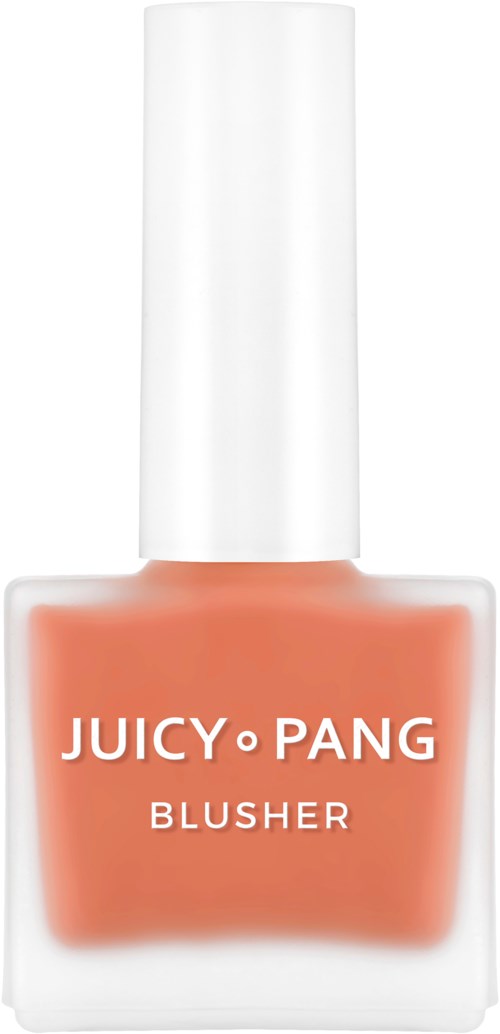 Een flesje Juicy Pang blush met witte dop en oranje vloeistof binnen.