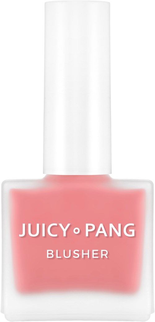Roze blush nagellak in een witte fles met zilveren dop en merknaam 'Juicy Pang' op de voorkant.