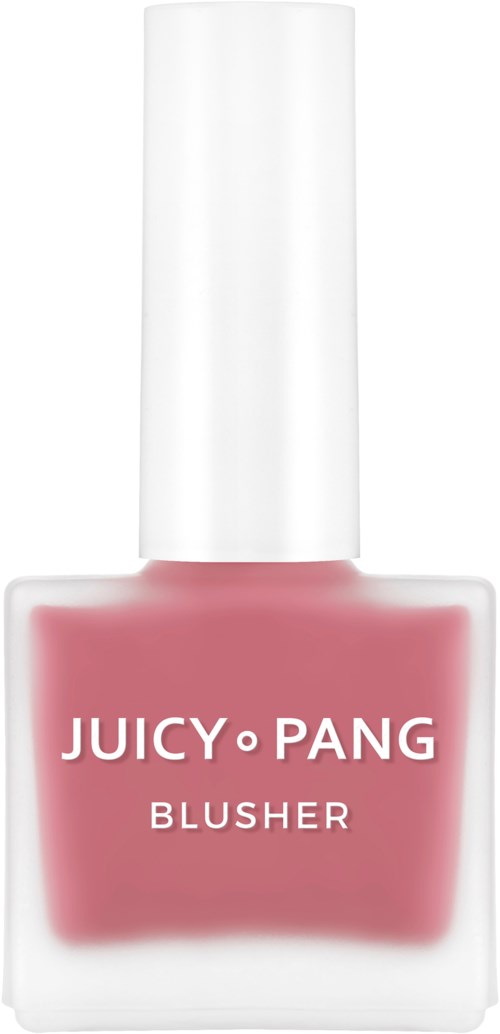 Roze nagellakfles met witte dop en de merknaam Juicy Pang. Het is gelabeld als een blush.