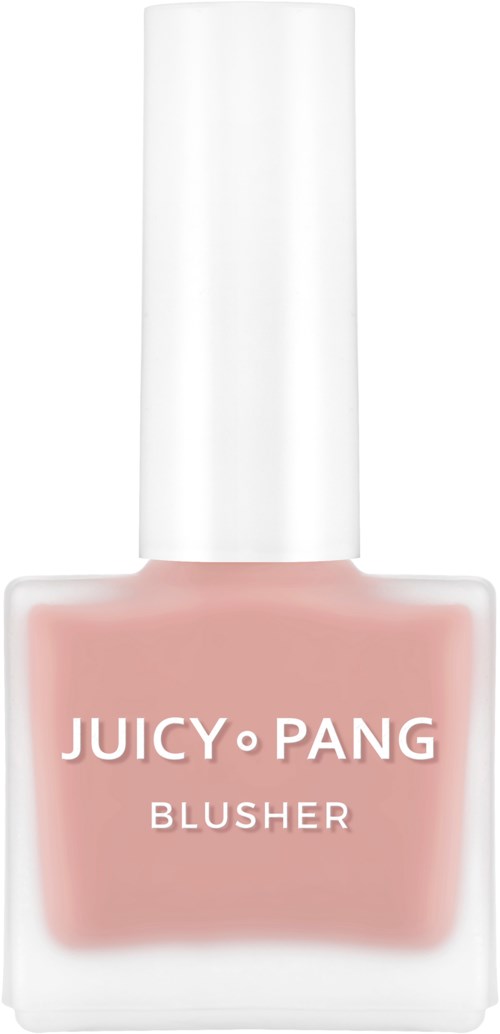 Een flesje roze nagellak genaamd Juicy Pang Blusher, met een witte dop en doorzichtige container.