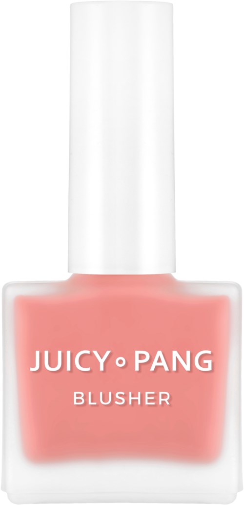 Een roze nagellakkfles met witte dop en label met de tekst "Juicy Pang Blusher."