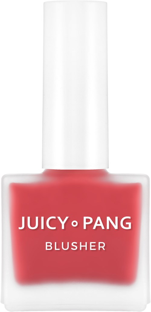 Een flesje Juicy Pang Blusher in rood met witte dop. Tekst op fles: Juicy Pang Blusher.