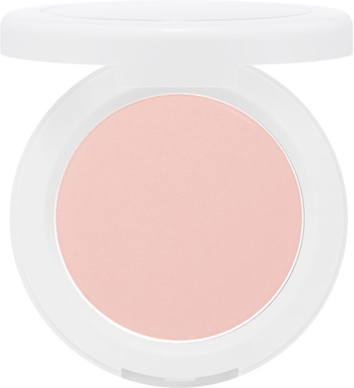 Een ronde make-up compacte met roze blush binnen en een gedeeltelijk open witte bovenkant.