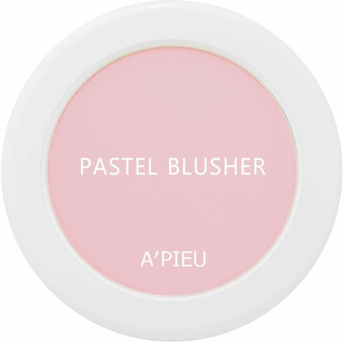 Een ronde container met een roze label dat Pastel Blusher van A'Pieu zegt.
