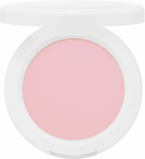 Een roze blushcompact met een witte behuizing en deksel, geopend.