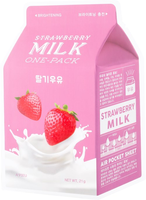 Roze karton met aardbeien, melkschud en tekst over aardbeivla en luchtzak.
