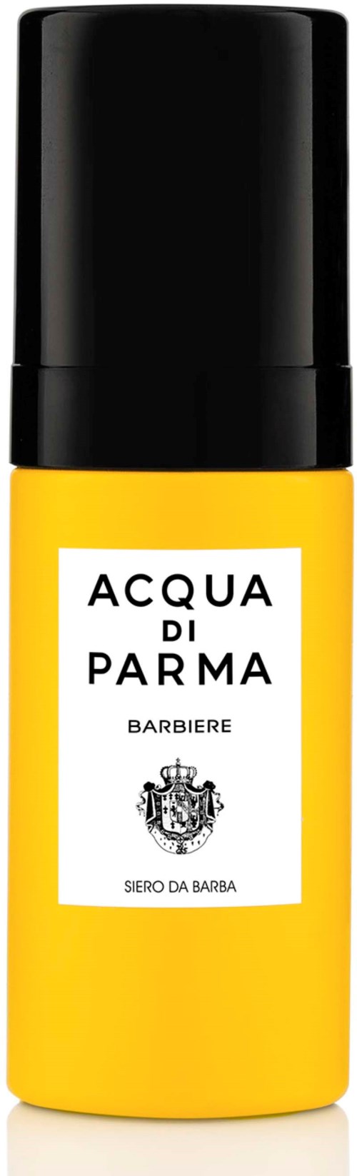 A yellow bottle with black cap, labeled 'Acqua di Parma' and 'Barbiere Siero da Barba'.