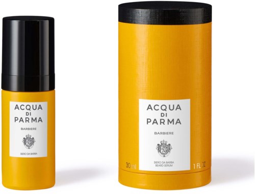 A yellow bottle and a yellow cylindrical box for a beard serum, both labeled 'Acqua di Parma' with black caps.