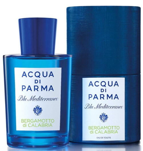 Blå parfyllfärd med matchande box, märkt 'Acqua di Parma Blu Mediterraneo Bergamotto di Calabria.'