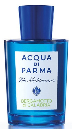 En blå parfymflaska med vita och gröna etiketter, med namnet 'Acqua di Parma Blu Mediterraneo' och 'Bergamotto di Calabria.'