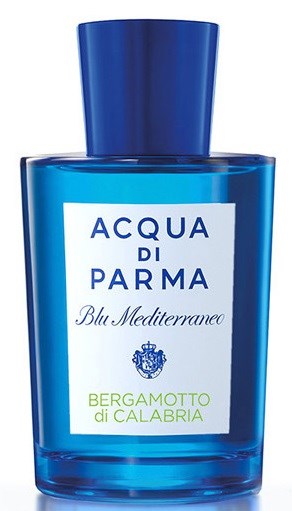En blå parfyllflaska märkt 'Acqua di Parma Blu Mediterraneo Bergamotto di Calabria.'