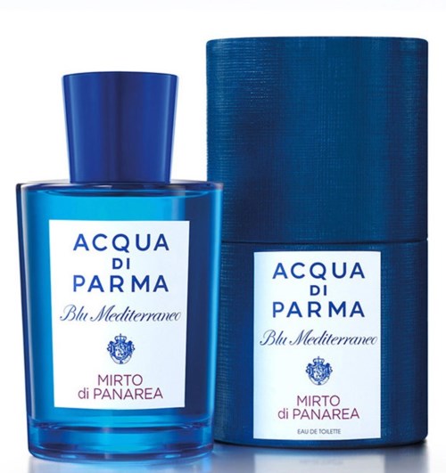 Blauer Parfümflasche und Verpackung mit weißem Etikett, beschriftet 'Acqua di Parma Blu Mediterraneo Mirto di Panarea.'