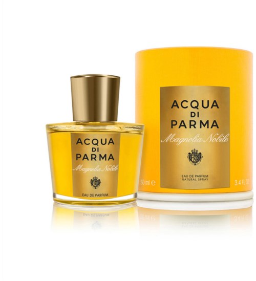 Flasche und gelbe Verpackung mit schwarzer und goldener Beschriftung, Marke 'Acqua di Parma', Duft 'Magnolia Nobile.'