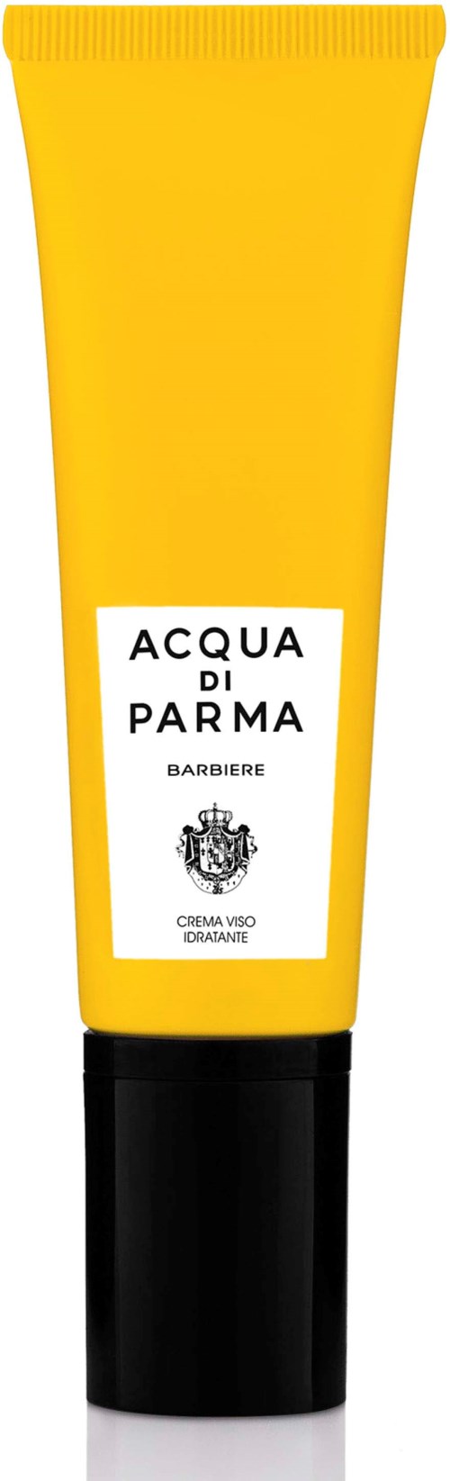 Gele tube van Acqua di Parma Barbier aftershavecrème met witte label en zwarte dop.