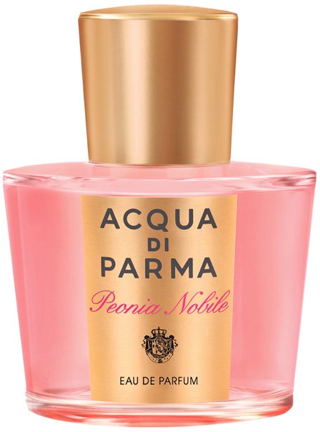 En rosa parfymeflaske med gullkork, merket 'Acqua di Parma Peonia Nobile'.