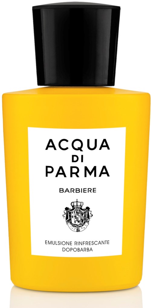 Gul flaska med svart lock, märkt 'Acqua di Parma Barberie' och annan italiensk text, troligen en parfymprodukt.