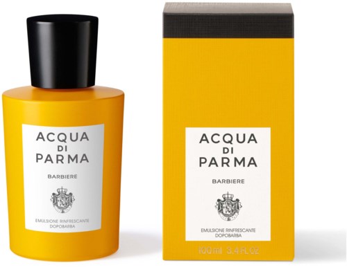 En gul flaska och låda med svart lock, märkt 'Acqua di Parma Barbiere' och en vapenlogo.