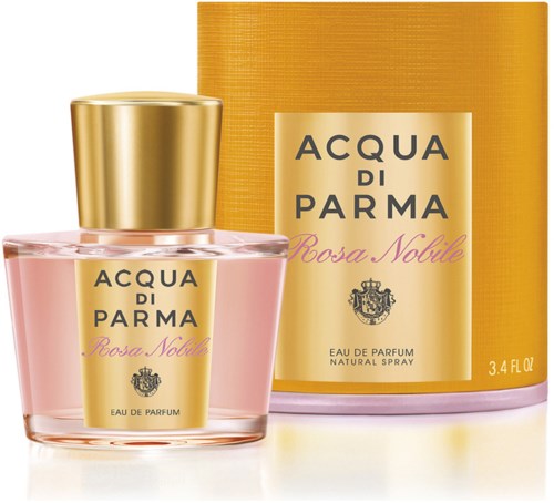 A pink perfume bottle with a gold cap and a yellow box, both labeled 'Acqua di Parma Rosa Nobile'.