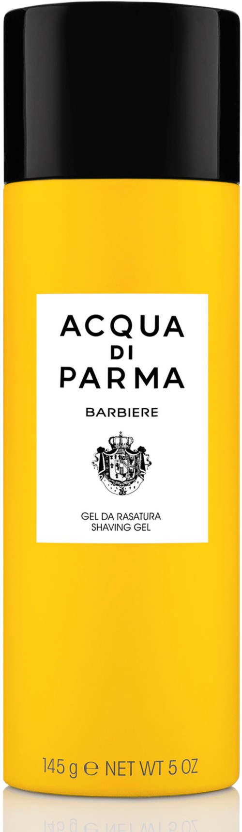 Ein gelbes Behältnis mit schwarzem Deckel, beschriftet Acqua di Parma, Barbiere, Rasiergel, 145 Gramm.