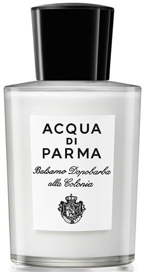 A white bottle of Acqua di Parma perfume with a black cap and label.