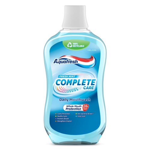 A blue bottle of Aquafresh mouthwash with a white cap, label says Complete Care and 24h protection.