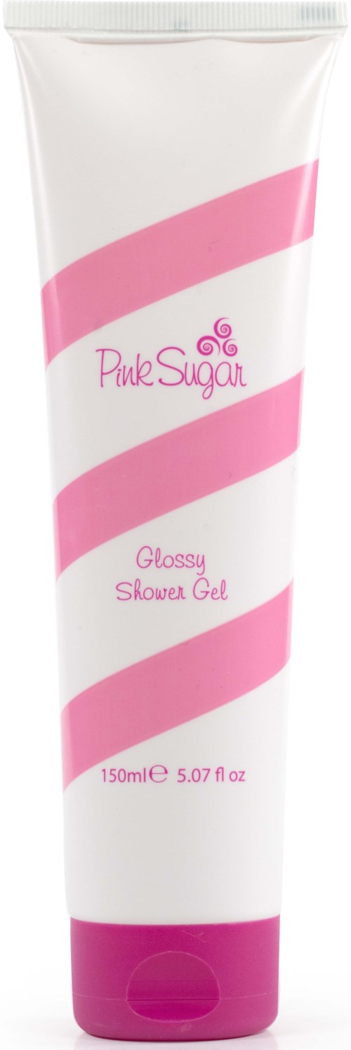Een witte tube met roze en witte strepen, gemarkeerd als Pink Sugar Glossy Shower Gel, 150 ml.