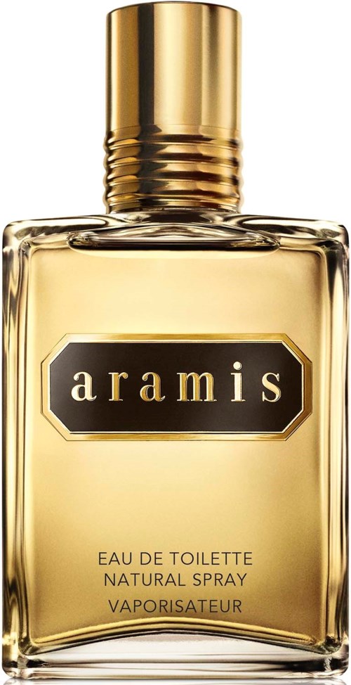 A gold-capped perfume bottle with a black label reading aramis, and gold accents.