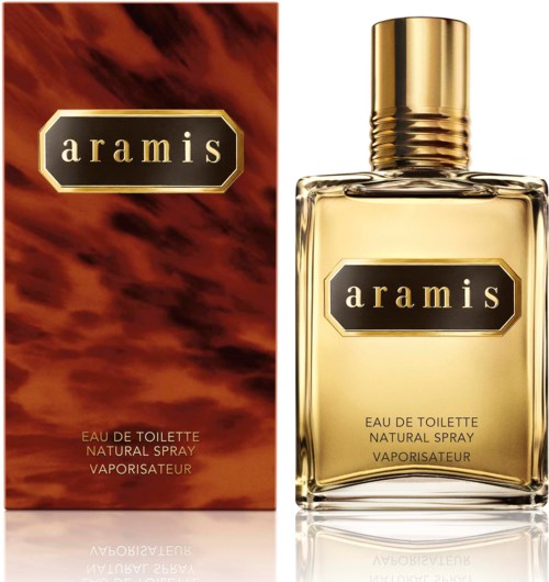 A perfume bottle and box with a brown and gold design, labeled aramis, showing a scent for men.