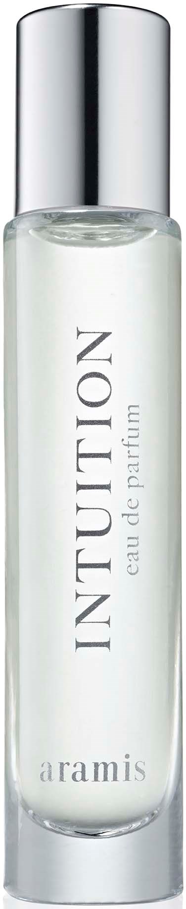 A perfume bottle with a silver cap, labeled Intuition by Aramis, filled with clear liquid.