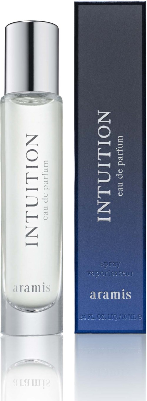 A clear perfume bottle with a silver cap and a blue box, labeled In TUTION, Aramis.