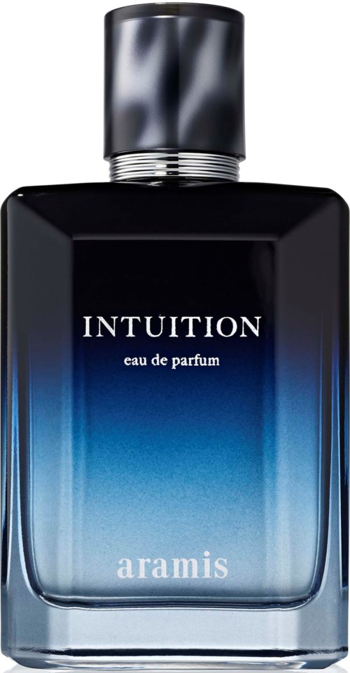 A perfume bottle with a gradient blue and black design, labeled INTUITION by aramis.