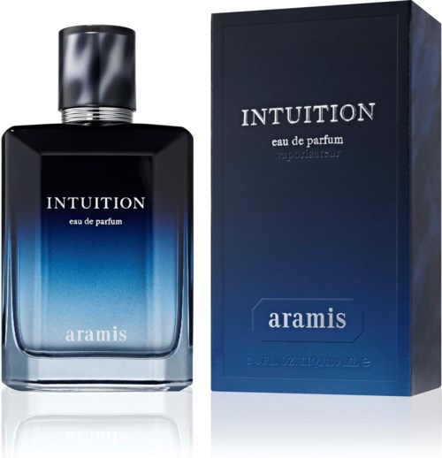 A perfume bottle and box with a black and blue gradient, labeled INTUITION, aramis, and eau de parfum.