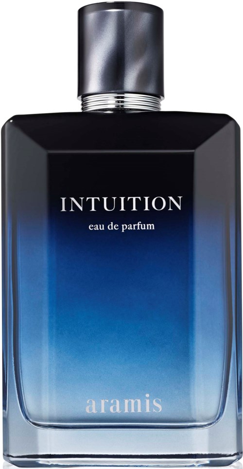 A perfume bottle with black and blue glass, silver cap, and the words INTUITION eau de parfum and aramis.