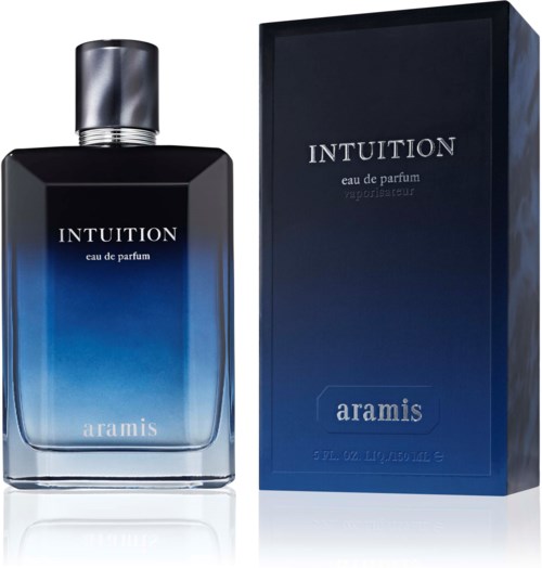 A perfume bottle and box labeled Intuition by Aramis, blue gradient design with silver cap.
