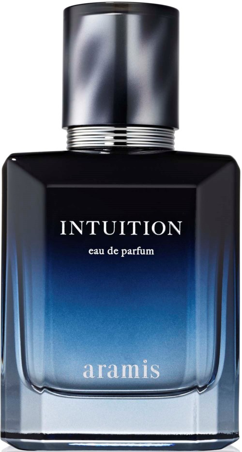 A perfume bottle with a blue gradient, a silver cap, and labeled as INTTUITION aramis.